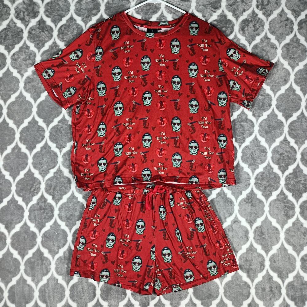 Horror Pajama Set Women Large Red Halloween Slasher Graphic Shorts Lounge Set